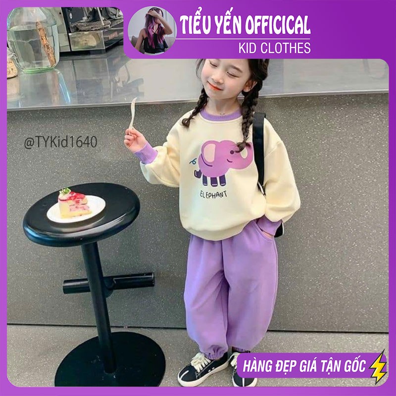 S1640-Bộ nỉ thu đông bé gái dày dặn, họa tiết voi tím Tiểu Yến KID