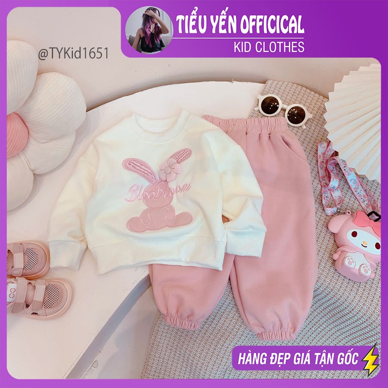 S1651-Bộ nỉ thu đông bé gái thêu hình thỏ hồng Tiểu Yến KID