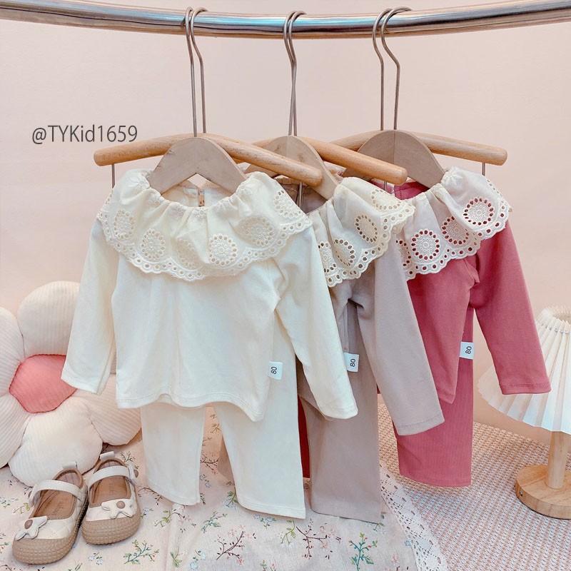 S1659-Đồ bộ bé gái chất cotton co giãn 4 chiều cổ phối ren Tiểu Yến KID