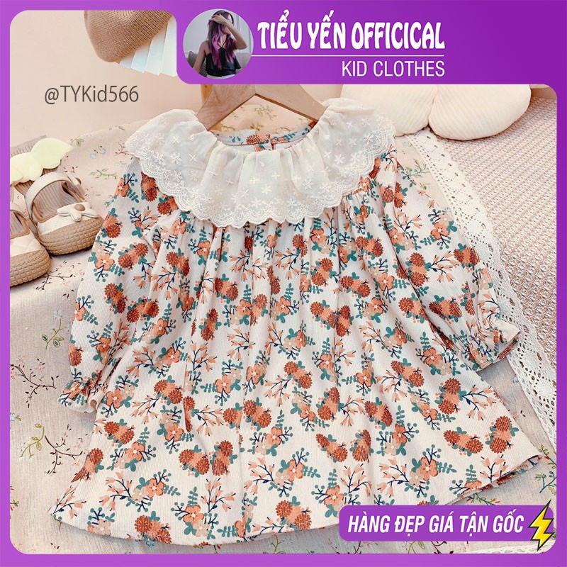 V566-Váy thu đông bé gái phong cách Hàn, chất nhung mềm cổ phối ren Tiểu Yến KID