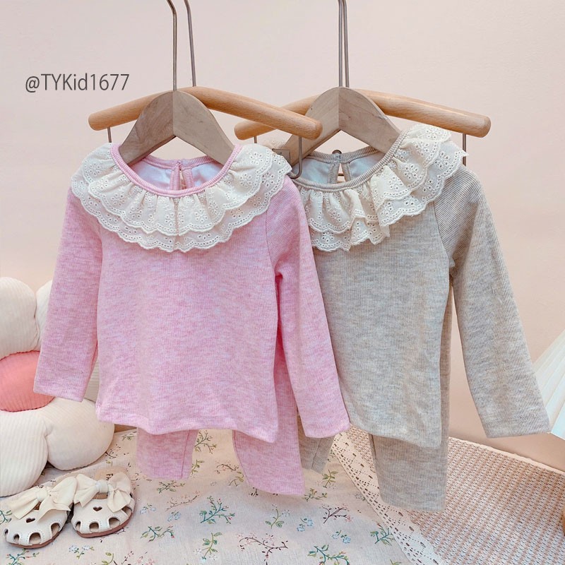 S1677-Đồ bộ bé gái, chất nỉ lông thỏ 2 màu cổ phối ren Tiểu Yến KID