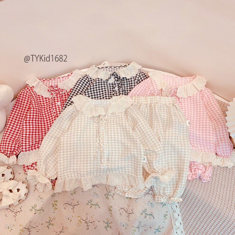 S1682-Pijama bé gái, vải thô đũi mềm cổ phối ren Tiểu Yến KID