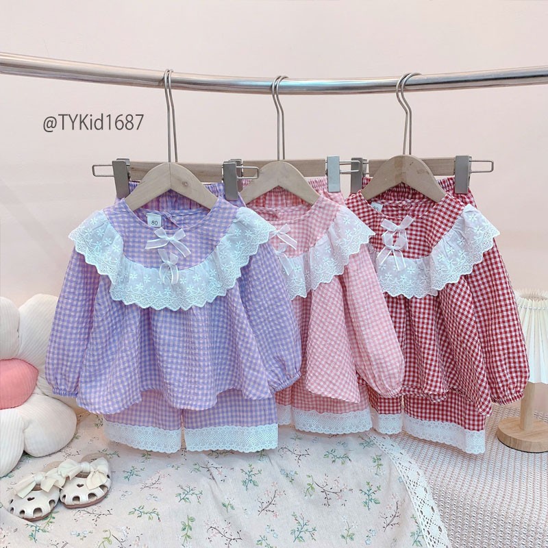 S1687-Pijama thu đông bé gái, chất thô đũi mềm phối ren Tiểu Yến KID