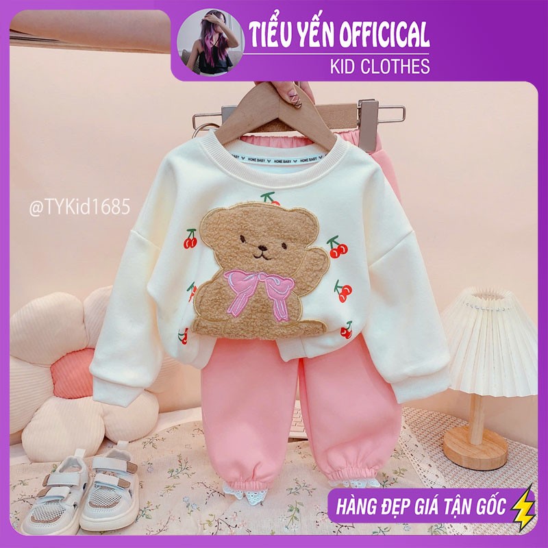 S1685-Bộ nỉ thu đông bé gái, áo nỉ gấu kem và quần nỉ Tiểu Yến KID