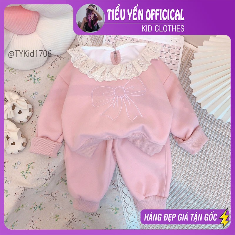 S1706-Bộ nỉ thu đông bé gái, áo nỉ phối ren và quần nỉ Tiểu Yến KID