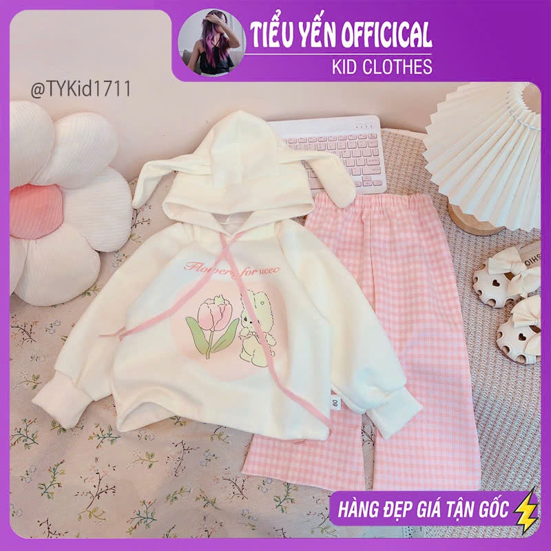 S1711-Bộ nỉ thu đông bé gái, áo hoodie và quần loe Tiểu Yến KID