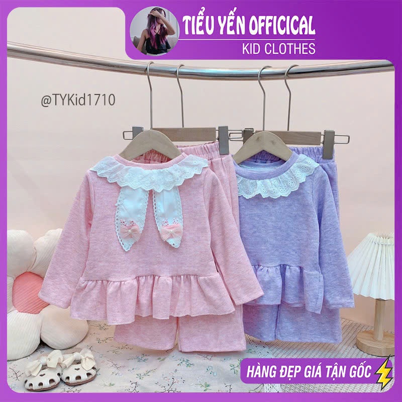 S1710-Bộ nỉ thu đông bé gái, chất mềm co giãn cổ phối ren và tai thỏ Tiểu Yến KID