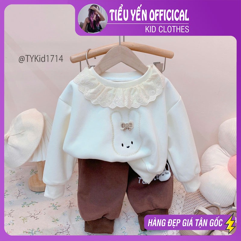 S1714-Bộ nỉ thu đông bé gái, áo thêu thỏ và quần nỉ Tiểu Yến KID