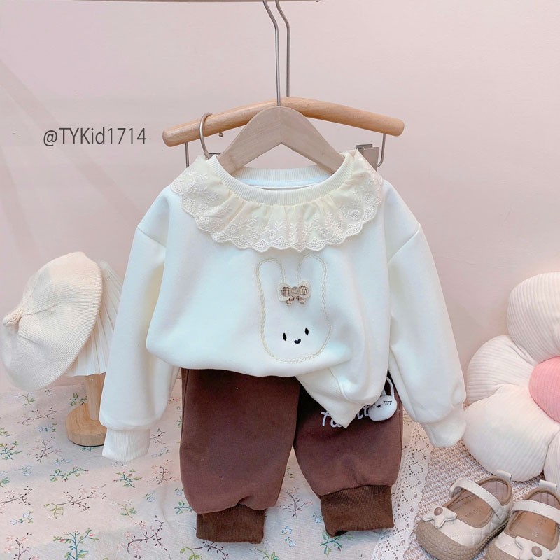 S1714-Bộ nỉ thu đông bé gái, áo thêu thỏ và quần nỉ Tiểu Yến KID