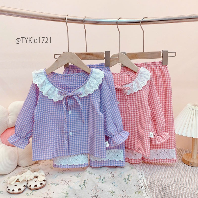 S1721-Pijama thu đông bé gái, thô đũi mềm 2 màu phối ren Tiểu Yến KID