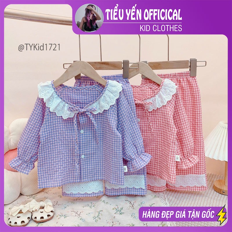 S1721-Pijama thu đông bé gái, thô đũi mềm 2 màu phối ren Tiểu Yến KID