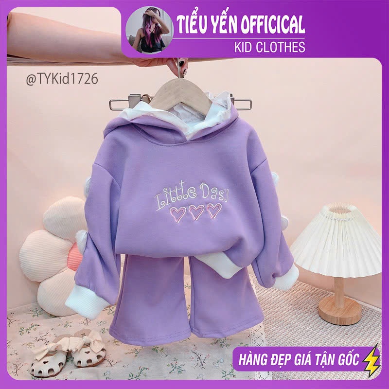 S1726-Bộ nỉ thu đông bé gái, áo nỉ hoodie và quần loe Tiểu Yến KID