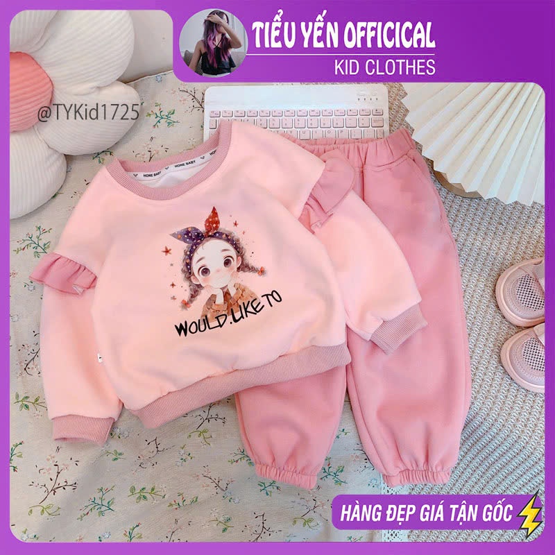 S1725-Bộ nỉ thu đông bé gái, áo nỉ chibi và quần bo gấu Tiểu Yến KID