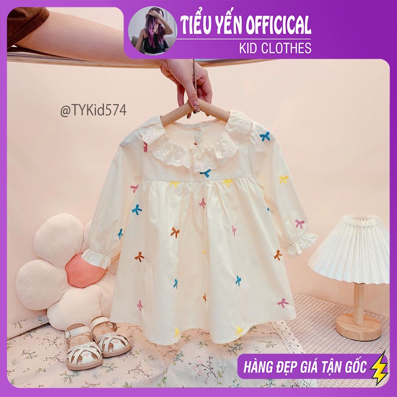 V574-Váy thu đông bé gái phong cách Hàn, vải thô mềm thêu nơ Tiểu Yến KID