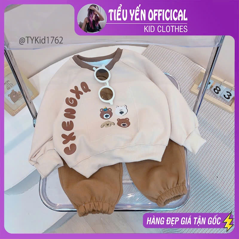 S1762-Bộ nỉ thu đông bé trai, in họa tiết gấu vải nỉ mềm dày dặn Tiểu Yến KID