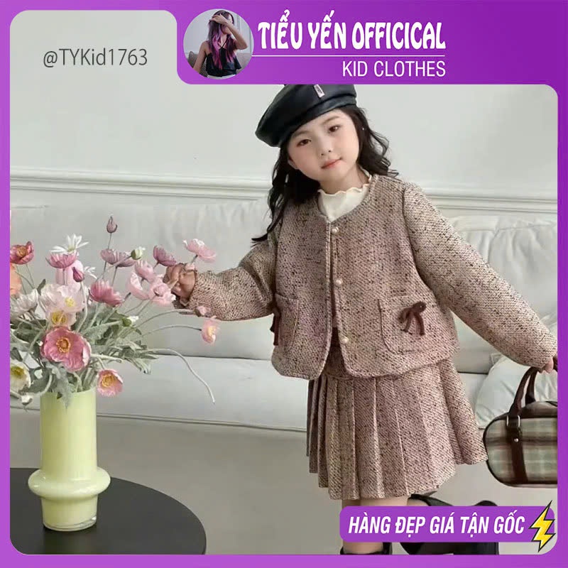 S1763-Set dạ cao cấp bé gái mặc Tết, áo khoác dạ và châ váy dạ xếp ly Tiểu Yến KID