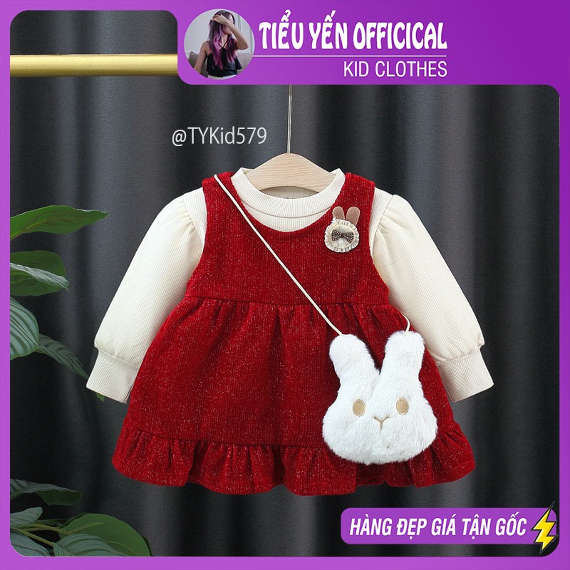 V579-Váy nhung đỏ bé gái mặc Noel - Tết kèm túi thỏ bông Tiểu Yến KID-()