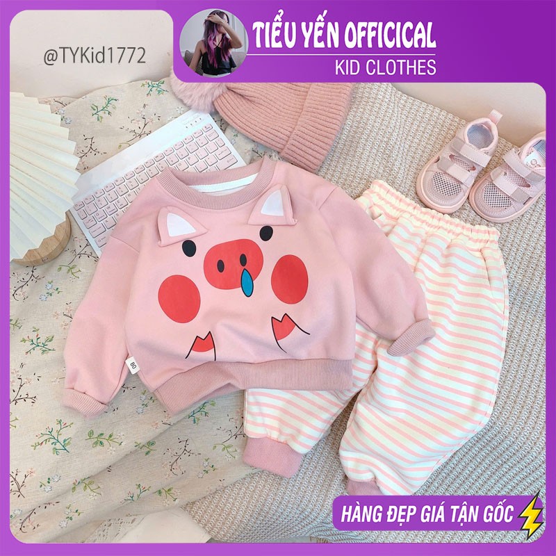 S1772-Bộ nỉ thu đông bé gái họa tiết heo hồng Tiểu Yến KID-()