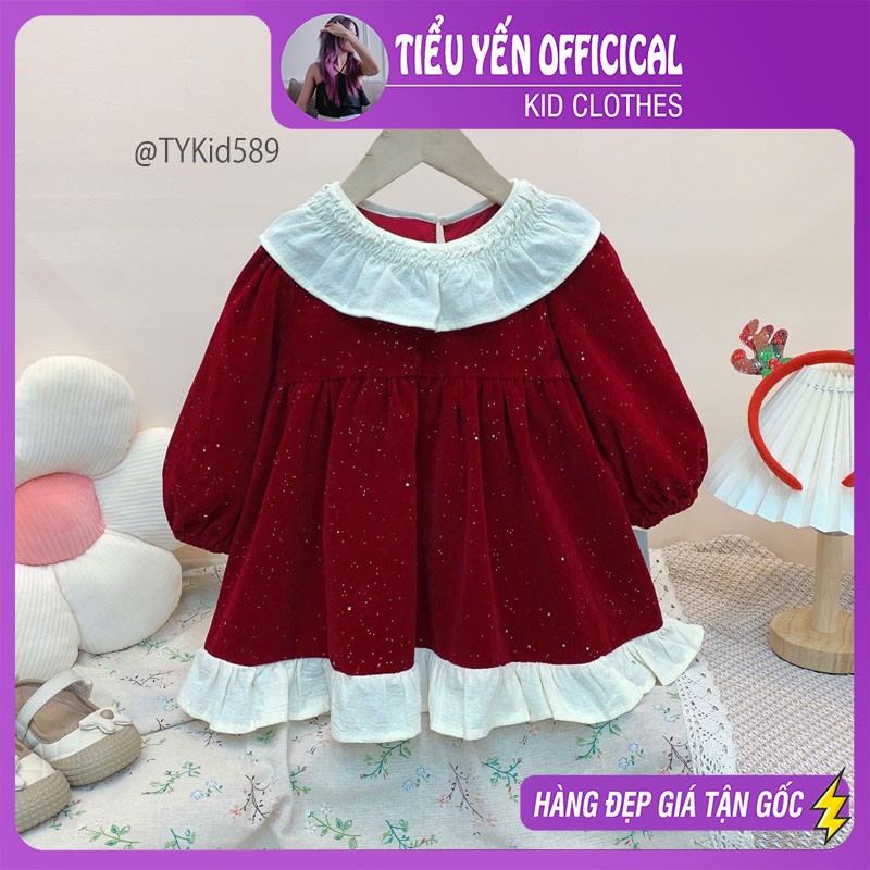 V589-Váy nhung đỏ Noel - Tết bé gái mix nhũ lấp lánh Tiểu Yến KID-()