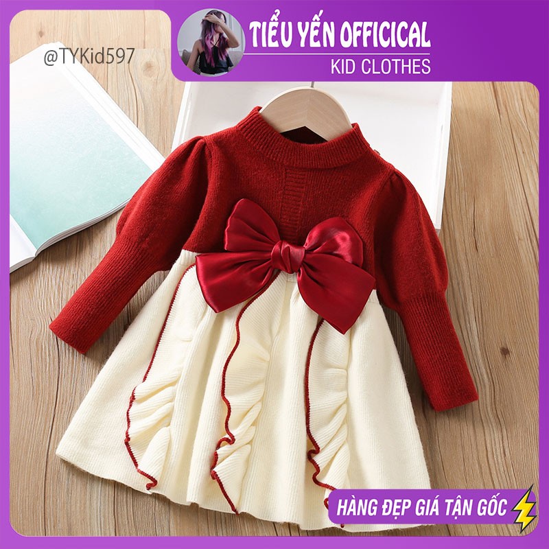 V597-Váy len đỏ bé gái mặc Noel - Tết, len dày đẹp Tiểu Yến KID