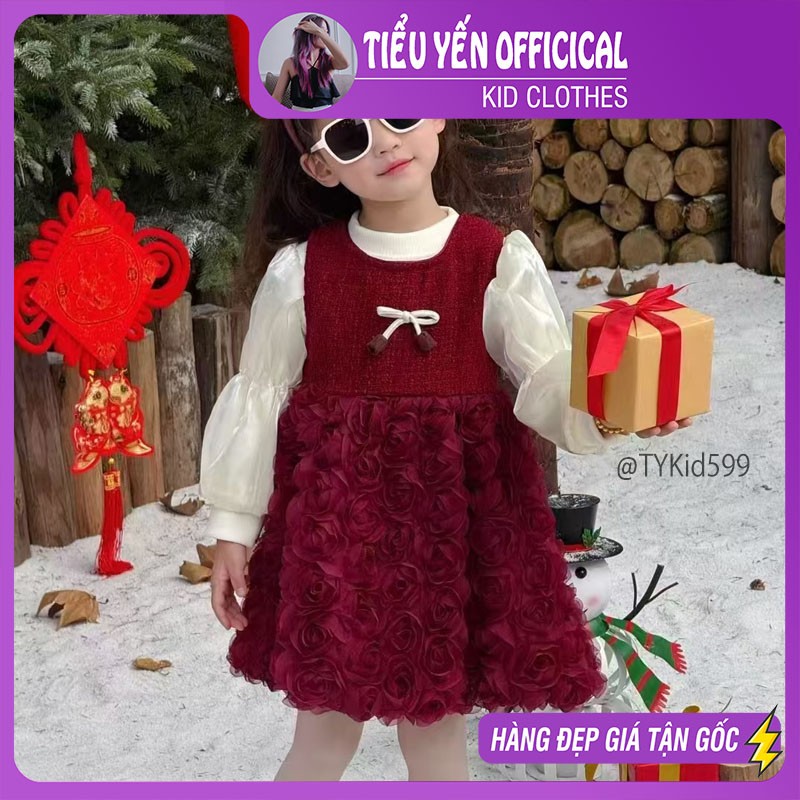 V599-Váy dạ đỏ bé gái mặc Noel - Tết, lót nỉ dày ấm Tiểu Yến KID