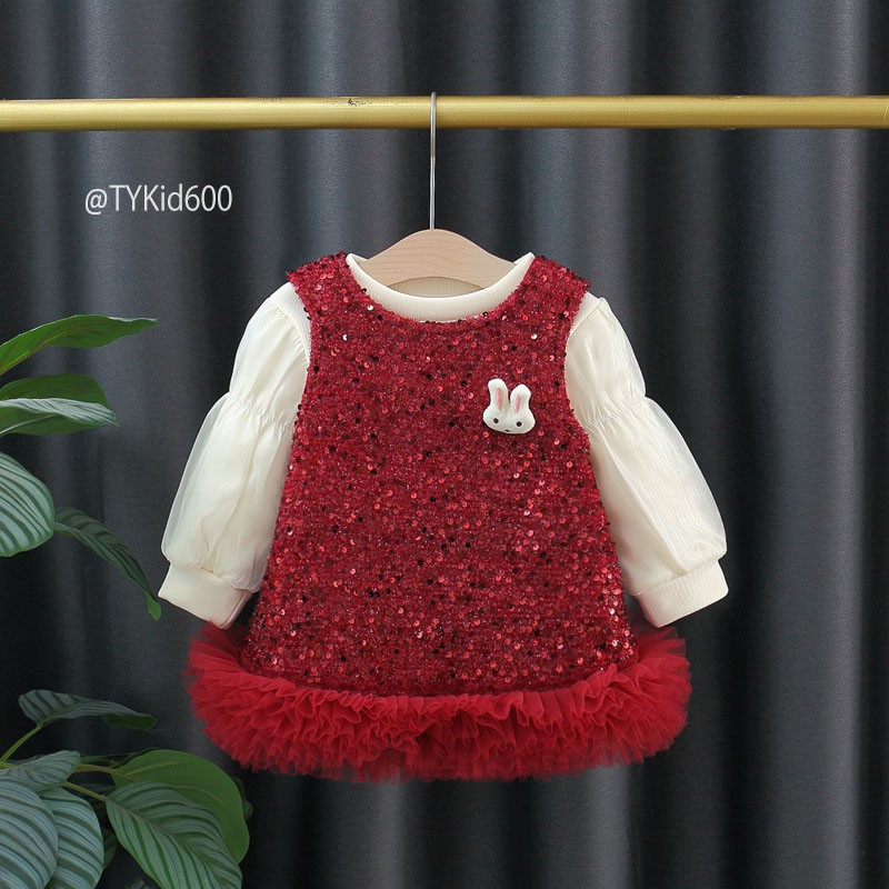 V600-Váy dạ đỏ tai thỏ bé gái mặc Noel - Tết, lót nỉ ấm Tiểu Yến KID