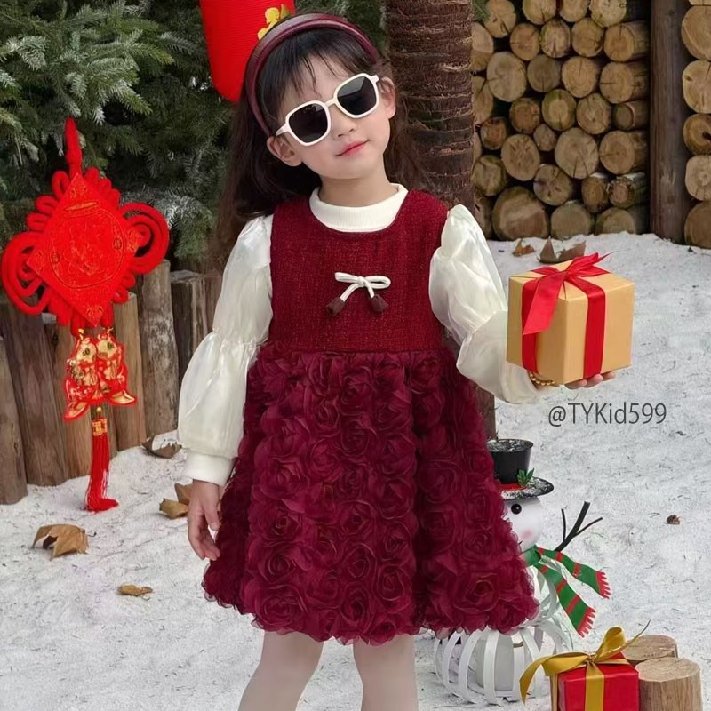 V599-Váy dạ đỏ bé gái mặc Noel - Tết, lót nỉ dày ấm Tiểu Yến KID