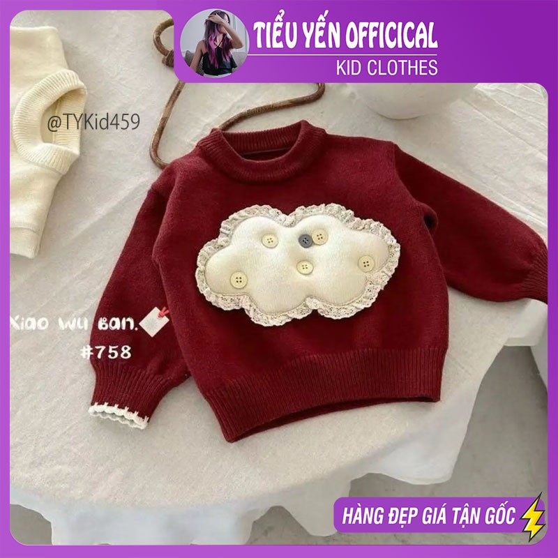 A459-Áo len đỏ bé gái mặc Noel - Tết họa tiết đám mây Tiểu Yến KID