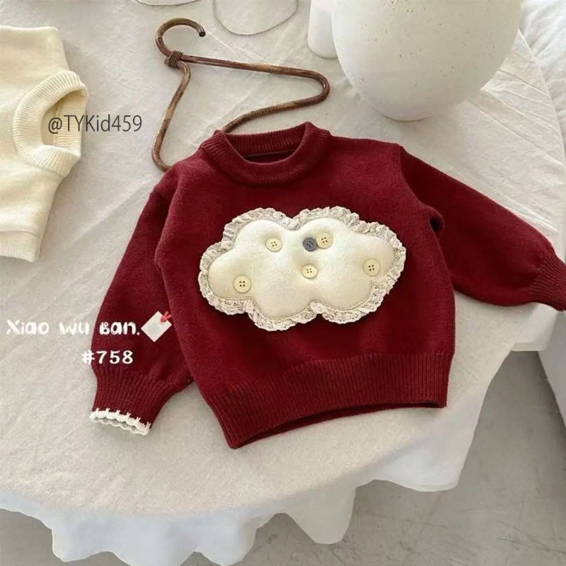 A459-Áo len đỏ bé gái mặc Noel - Tết họa tiết đám mây Tiểu Yến KID