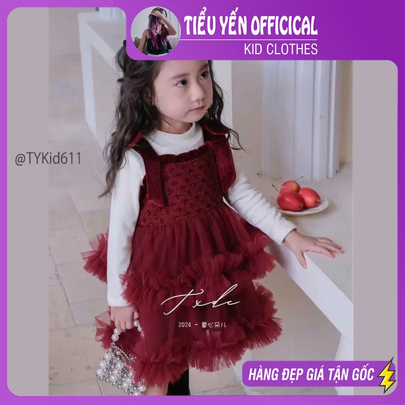 V611-Váy dạ nhung đỏ bé gái mặc Noel - Tết, kèm áo bên trong Tiểu Yến KID