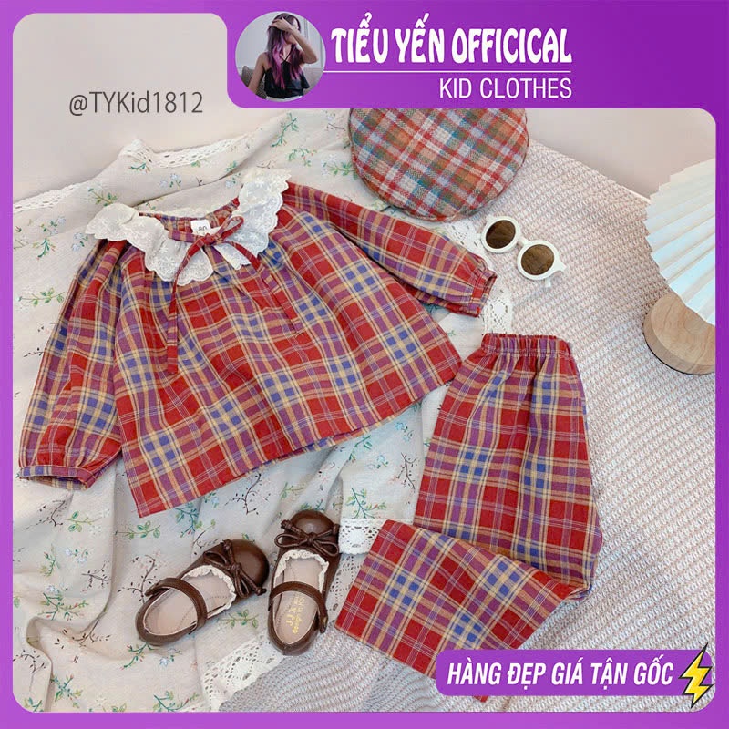 S1812-Pijama bé gái vải thô mềm phối ren Tiểu Yến KID-()