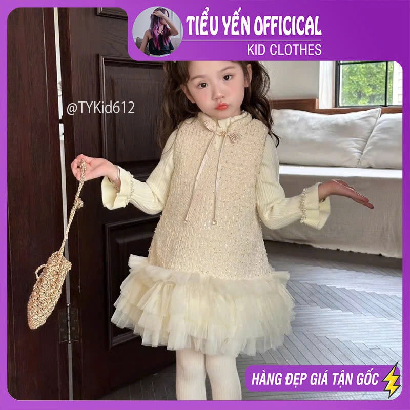 V612-Váy dạ kem cao cấp bé gái, dáng sườn xám kèm áo bên trong Tiểu Yến KID-()