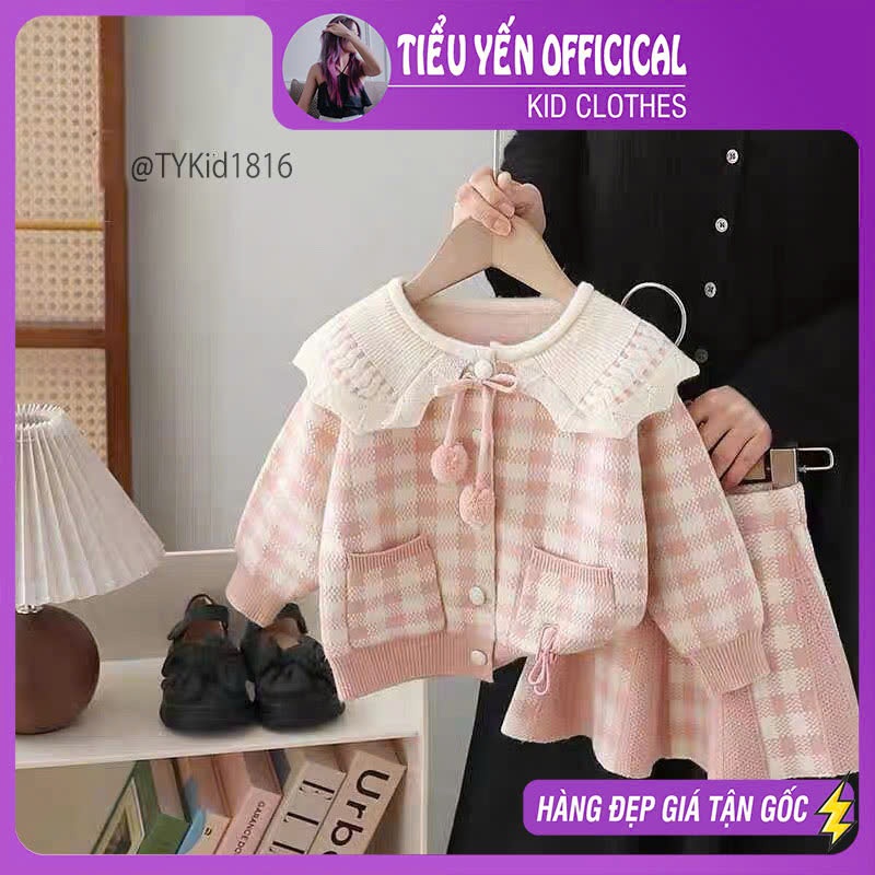 S1816-Set len cao cấp bé gái họa tiết caro hồng, len dày mềm đẹp Tiểu Yến KID