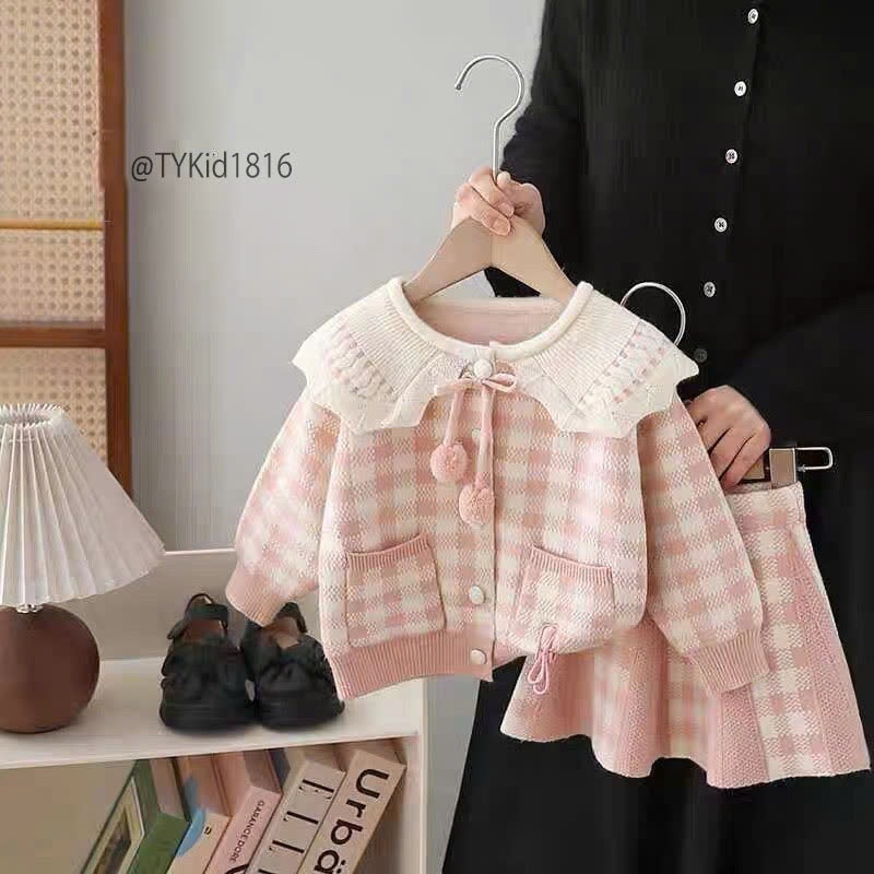 S1816-Set len cao cấp bé gái họa tiết caro hồng, len dày mềm đẹp Tiểu Yến KID