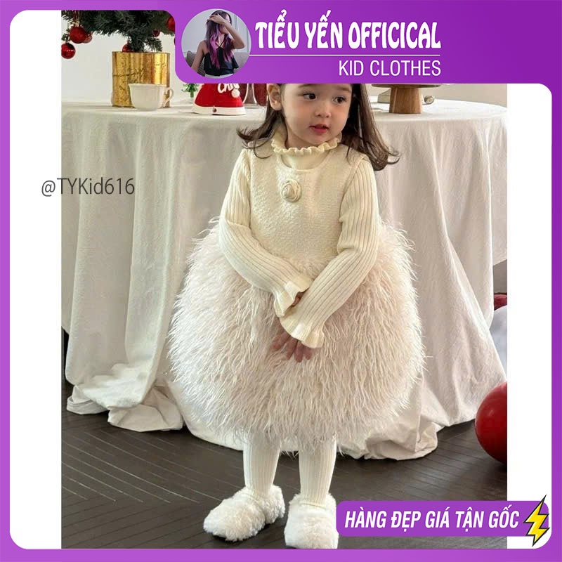 V616-Váy công chúa bé gái, chất dạ mềm phối lông, kèm áo len Tiểu Yến KID