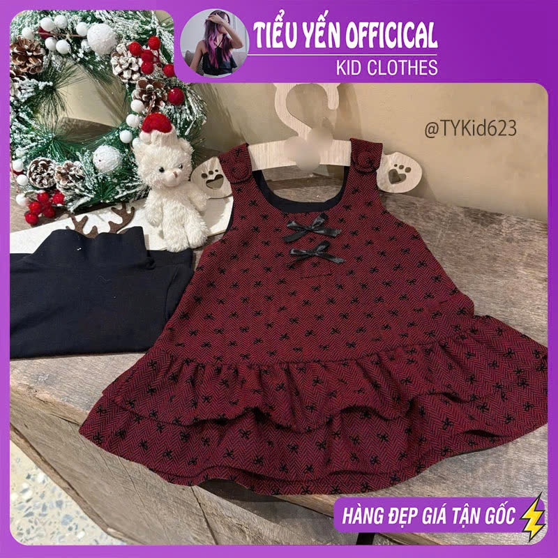 V623-Vạy dạ đỏ bé gái mặc Tết, họa tiết nơ đen Tiểu Yến KID-()