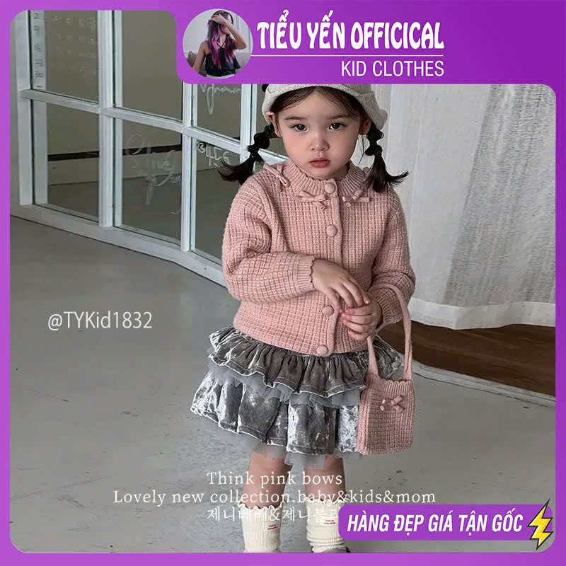 S1832-Set len cao cấp bé gái, áo khoác len và chân váy nhung Tiểu Yến KID