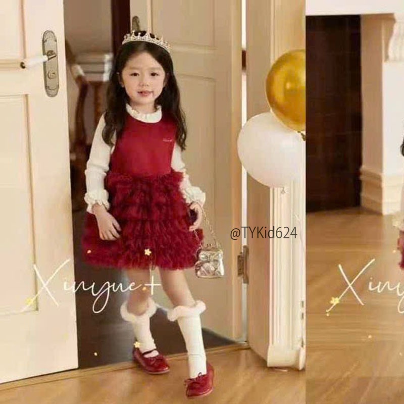 V624-Váy lụa tafta đỏ cao cấp bé gái mặc Tết, kèm áo len bên trong Tiểu Yến KID