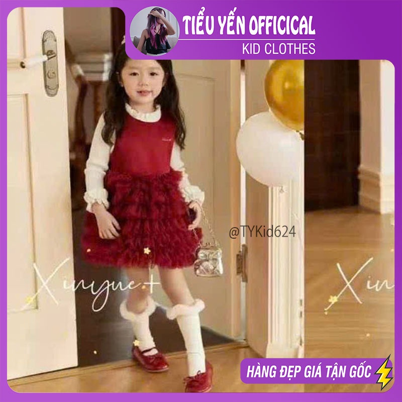 V624-Váy lụa tafta đỏ cao cấp bé gái mặc Tết, kèm áo len bên trong Tiểu Yến KID