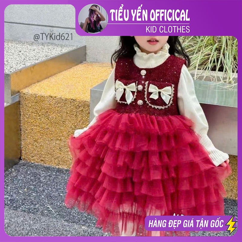 V621-Váy dạ đỏ bé gái mặc Tết nhiều tầng, lớp lót dày ấm Tiểu Yến KID-()