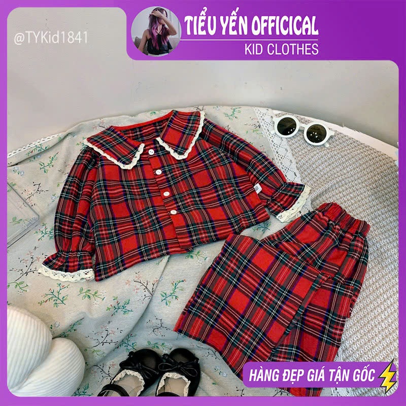 S1841-Pijama bé gái vải thô mềm họa tiết caro đỏ Tiểu Yến KID-()