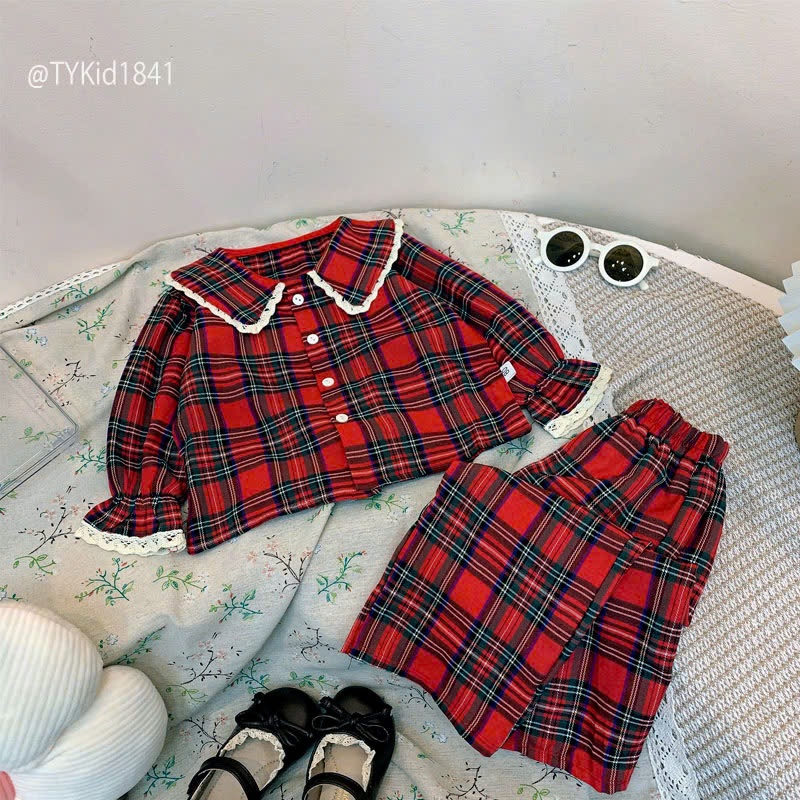 S1841-Pijama bé gái vải thô mềm họa tiết caro đỏ Tiểu Yến KID-()