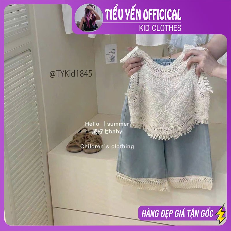 S1845-Quần áo hè bé gái, áo thêu họa tiết và quần jean suông Tiểu Yến KID-()