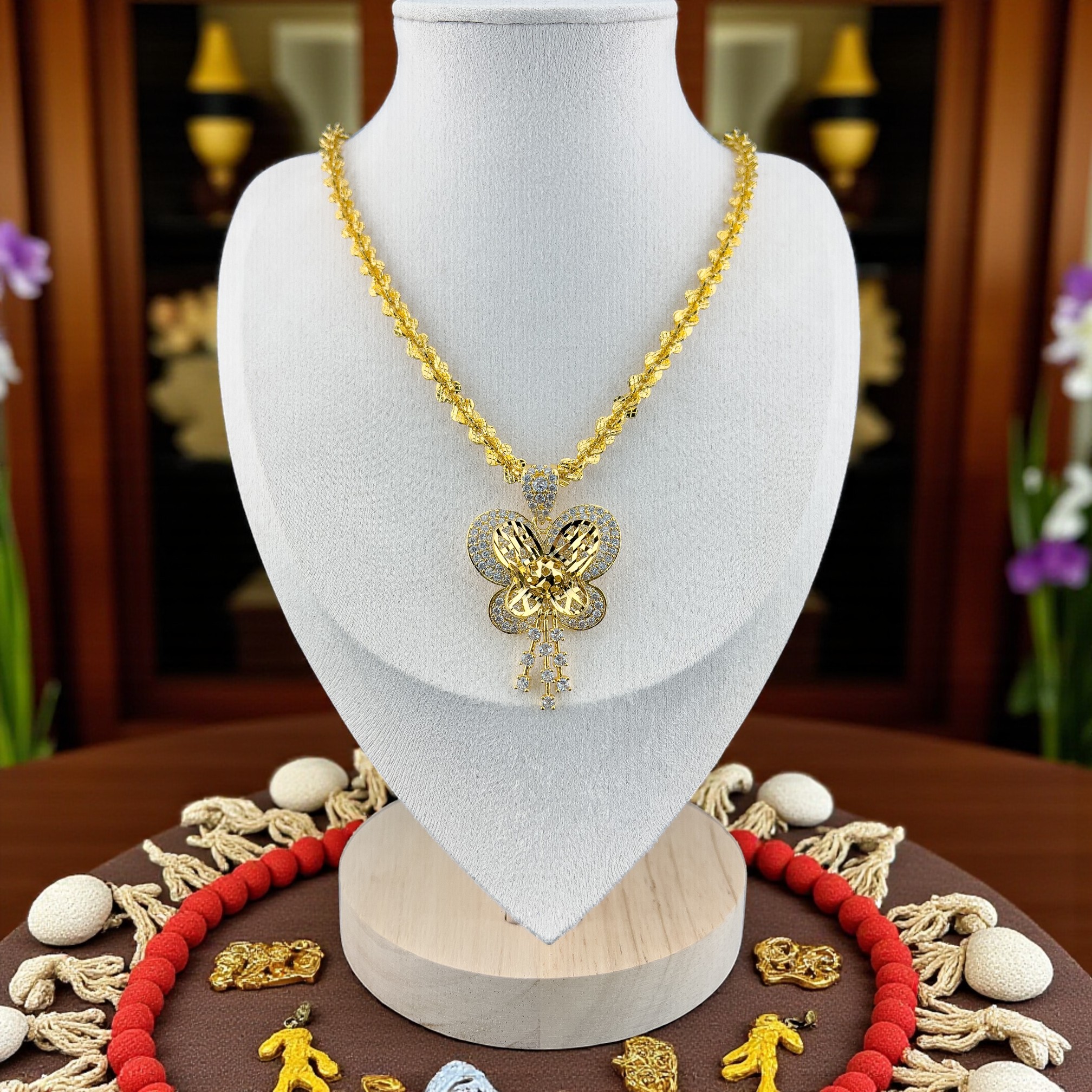 DC01 - Dây chuyền xoắn bướm, mặt đính đá trắng, chất liệu Xi kim