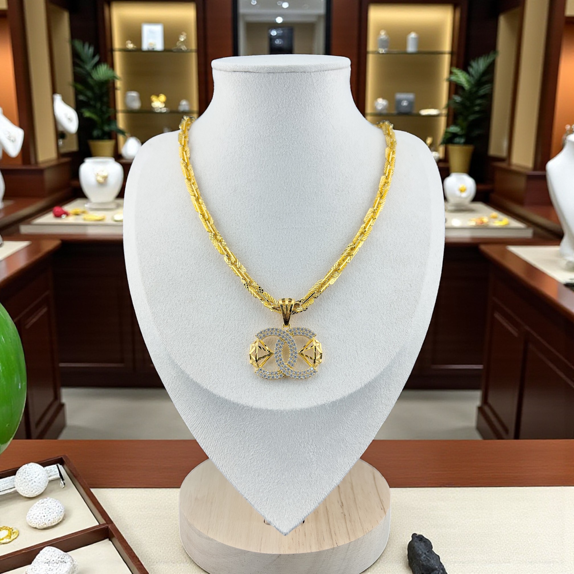 DC03 - Dây chuyền xoắn vuông, mặt chữ X cách điệu đính đá, chất liệu Xi kim