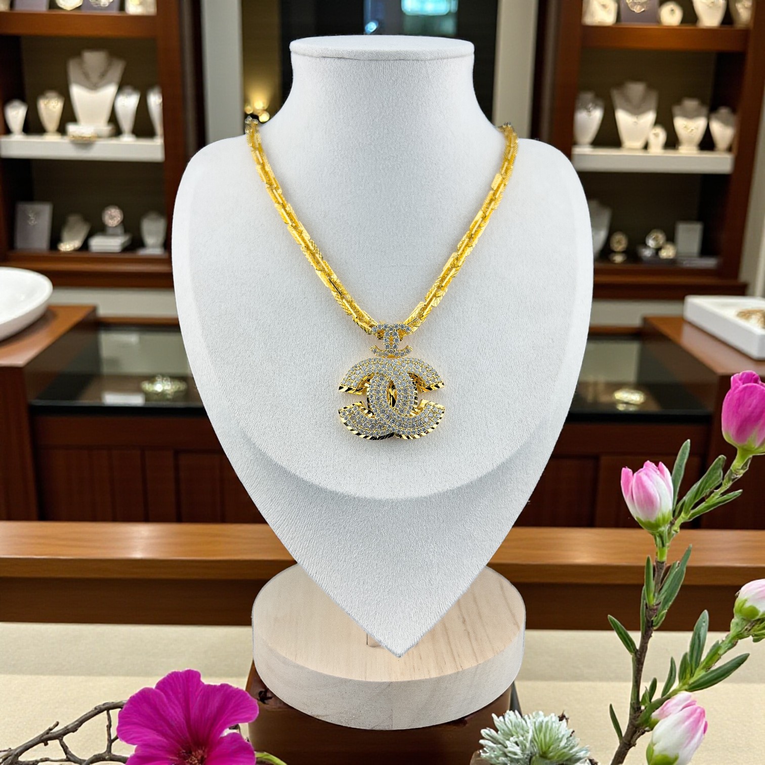 DC06 - Dây xoắn vuông, mặt chữ X đính đá, chất liệu Xi kim