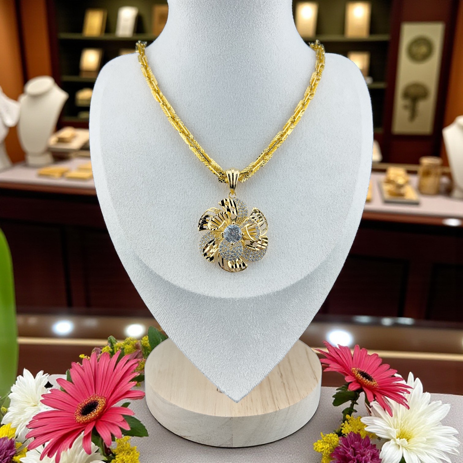DC13 - Dây xoắn vuông, mặt hoa mai đính đá, chất liệu Xi kim