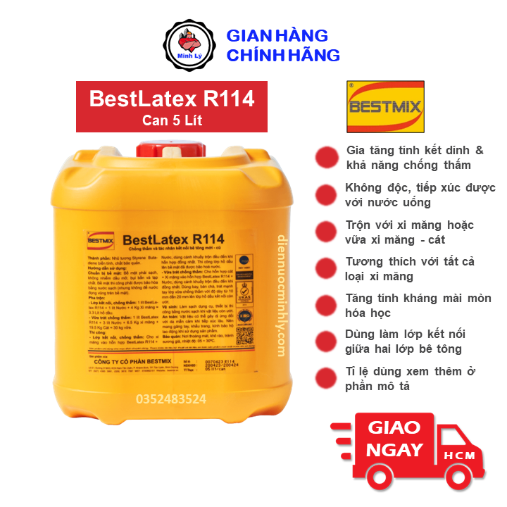Can 5 Lít Phụ Gia Chống Thấm BestLatex R114 Và Tác Nhân Kết Nối Cho Vữa và Bê Tông