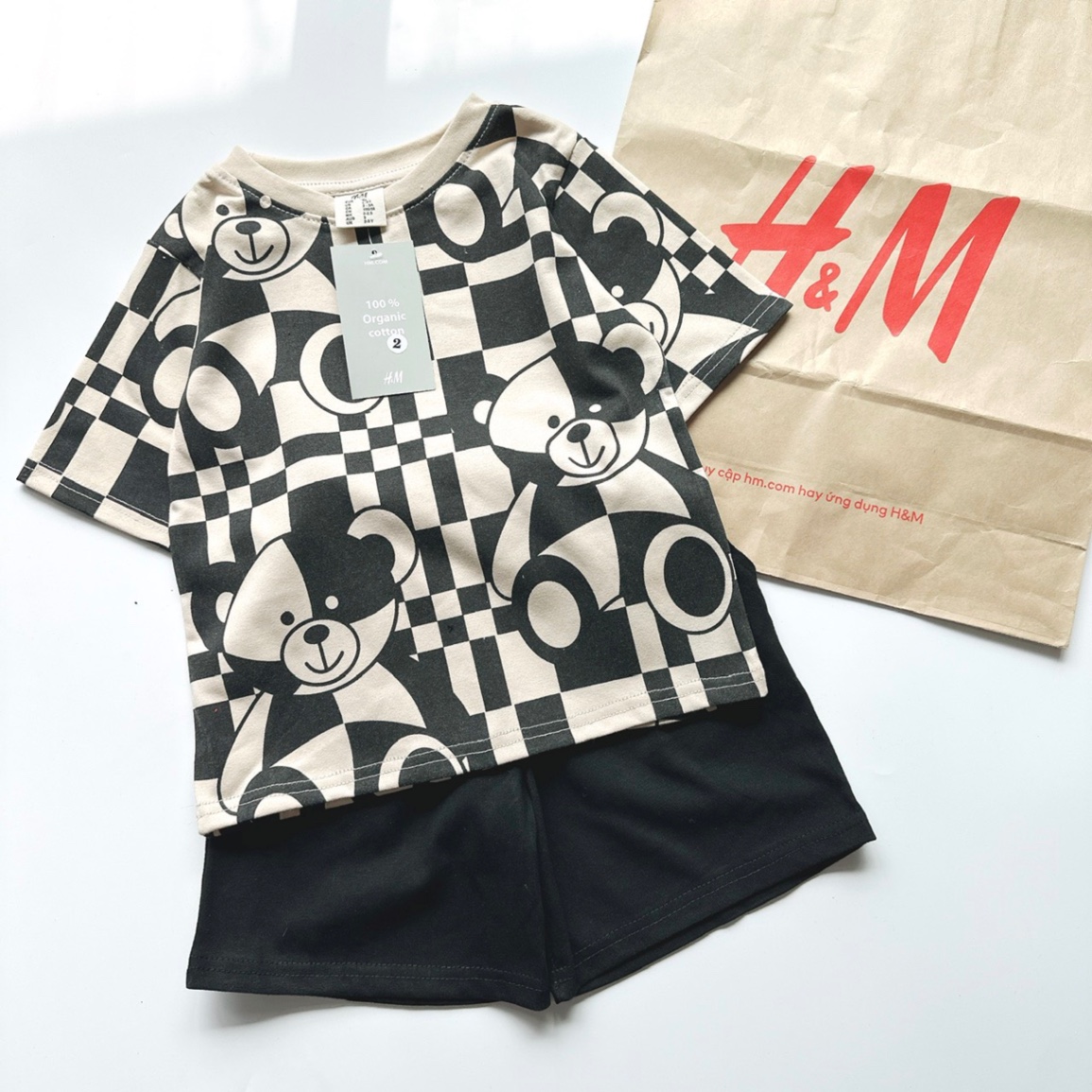 SET COTTON IN GẤU MIX QUẦN ĐEN CHO BT