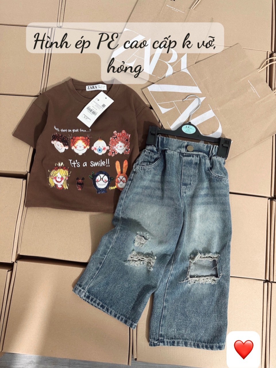 SET ÁO PHÔNG NÂU MIX QUẦN JEAN RÁCH CHO BÉ GÁI